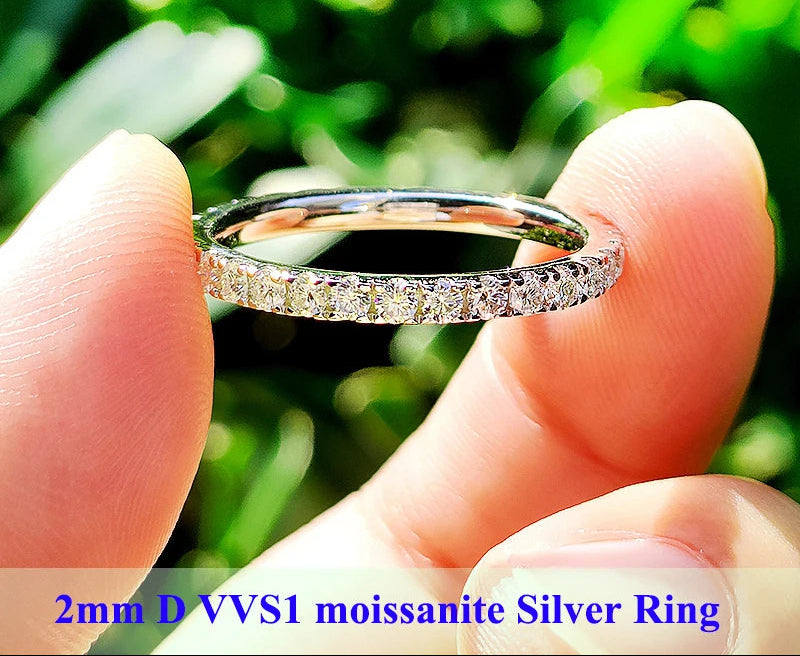 925 Silver Moissanite Eternity Ring 2mm 3mm with Round White Diamond