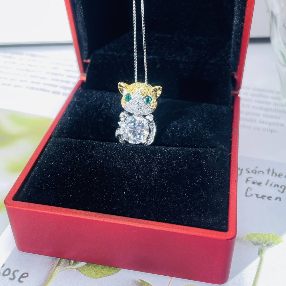 GRA Certified 2CT Moissanite Cat Pendant, Color D, 925 Silver