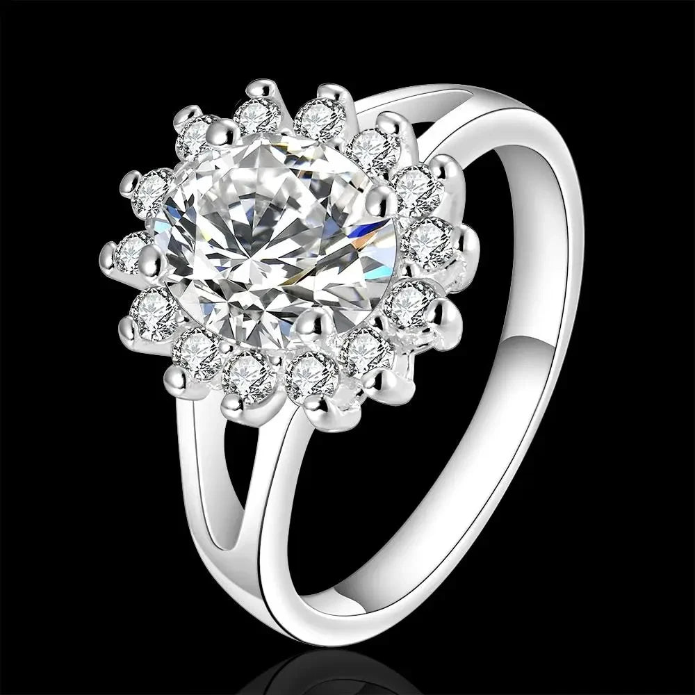 Crystal and Moissanite Flower Ring for Women in 925 Silver