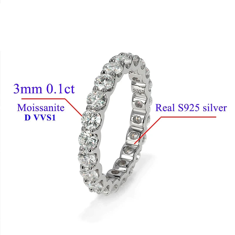 925 Silver Moissanite Eternity Ring 2mm 3mm with Round White Diamond
