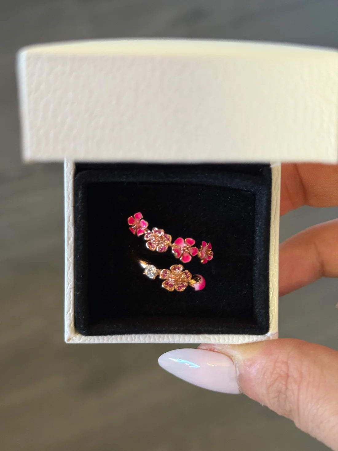 Delicate Floral Ring With Pink And White Zircon
