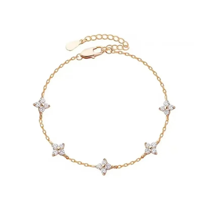 Zircon Four-Leaf Flower Bracelet for Women Gold Stainless Steel