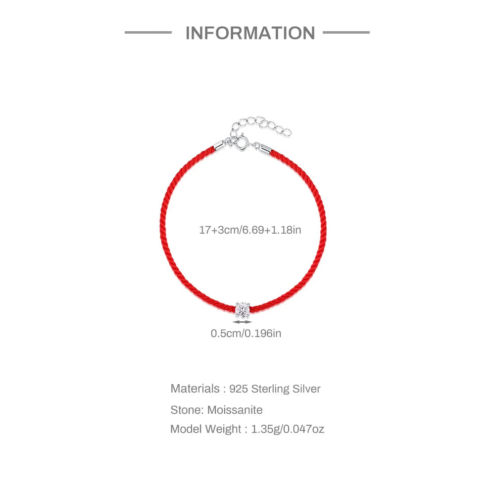 925 Silver Moissanite Diamond Red Rope Bracelet for Women