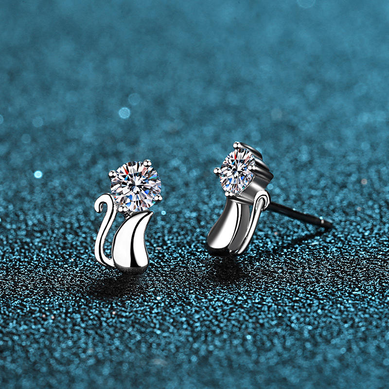 925 Silver Cat Earrings with Moissanite