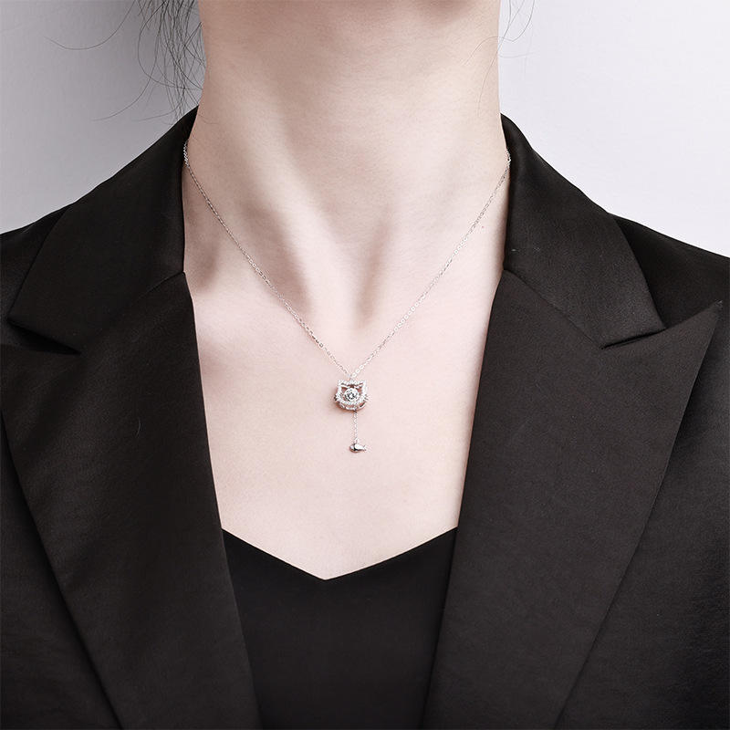 Cat Pendant Necklace & 925 Sterling Silver Fish with Moissanite