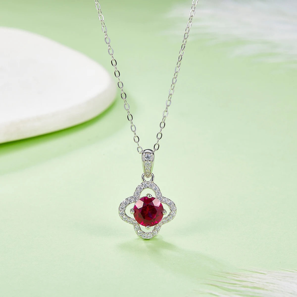 18K White Gold Necklace with Moissanite and Ruby 1.0CT